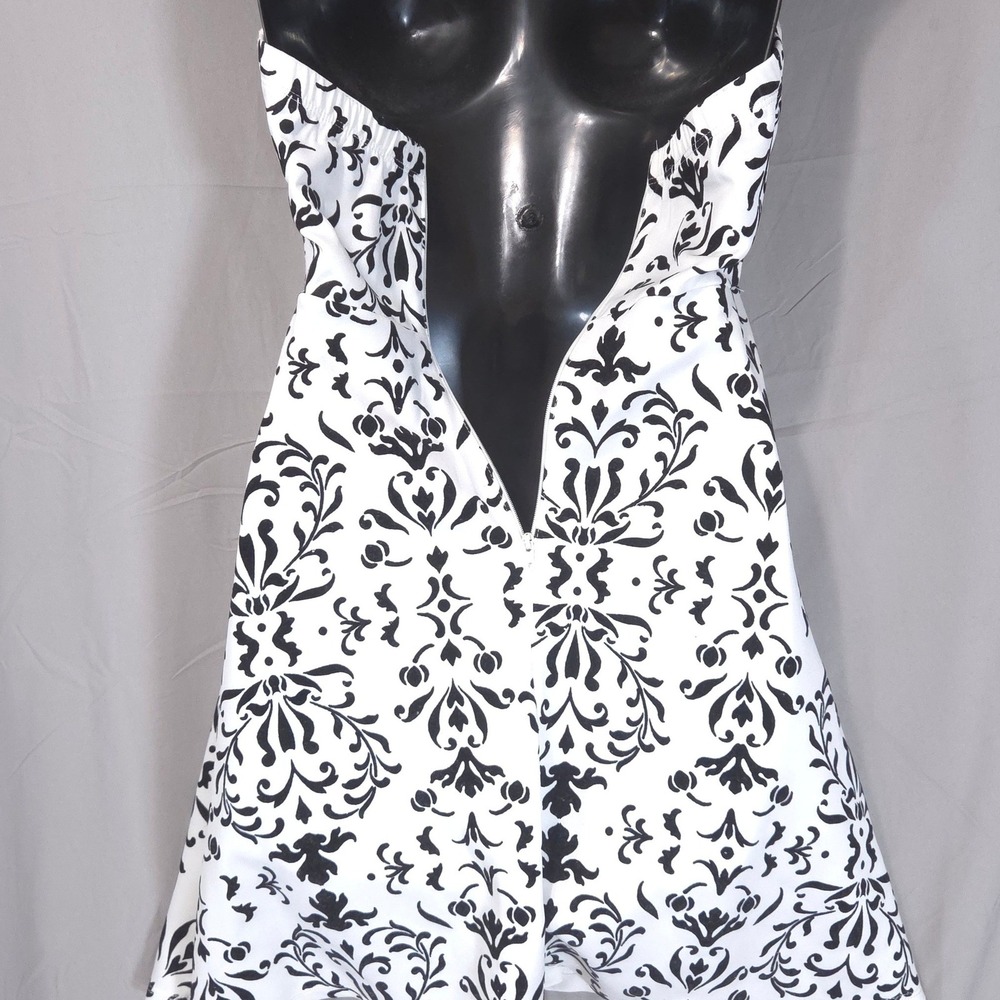 Damask Halter Keyhole Fit Flare Mini Dress Sz 5 Whimsigoth Coquette Black White - Picture 8 of 13
